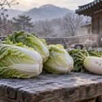 서리가 내린 한옥 마당 나무 평상 위에 놓인 배추와 무