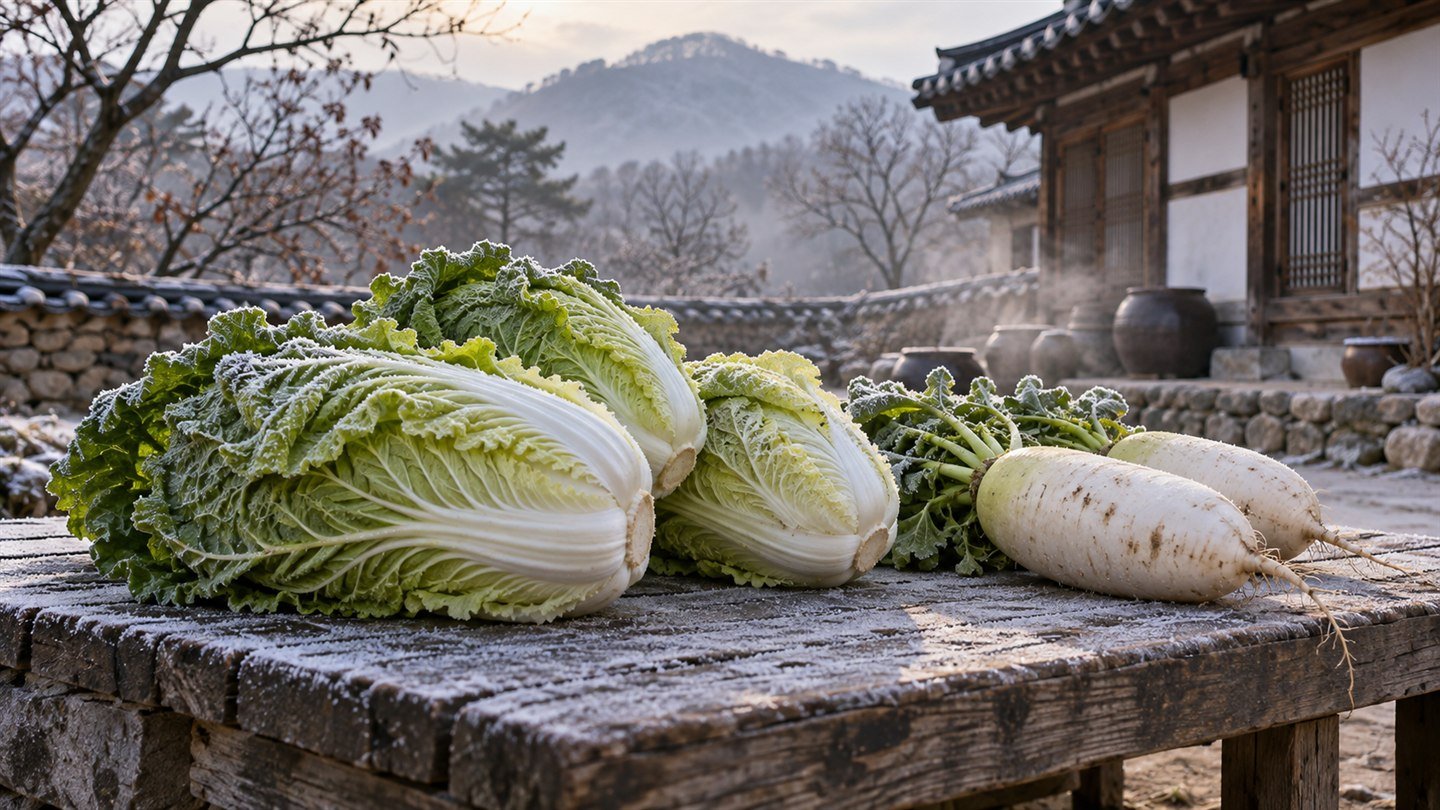 서리가 내린 한옥 마당 나무 평상 위에 놓인 배추와 무