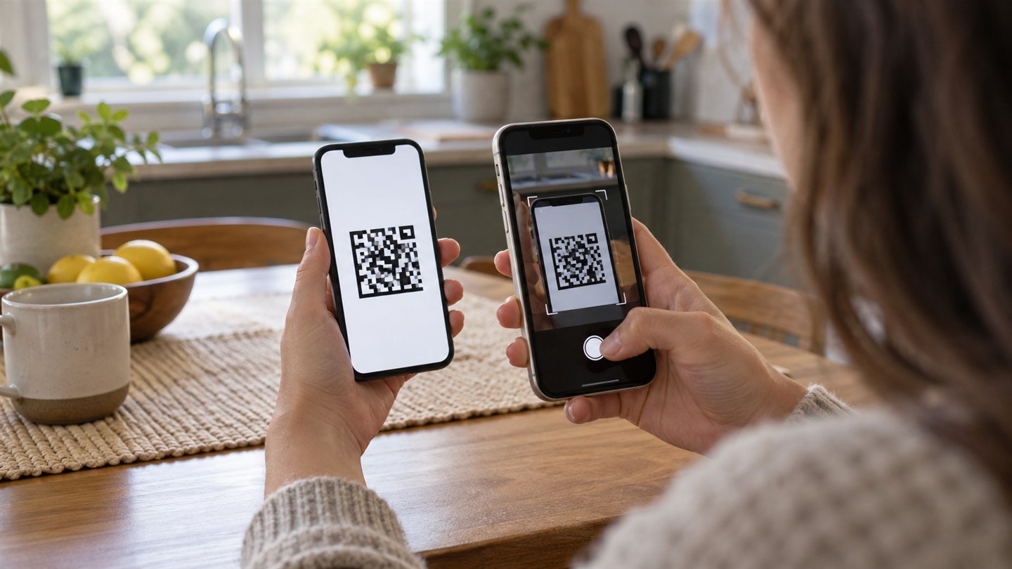 식탁에서 한 사람이 한 폰의 화면에 뜬 QR 모양 무늬를 다른 폰 카메라로 비추는 모습