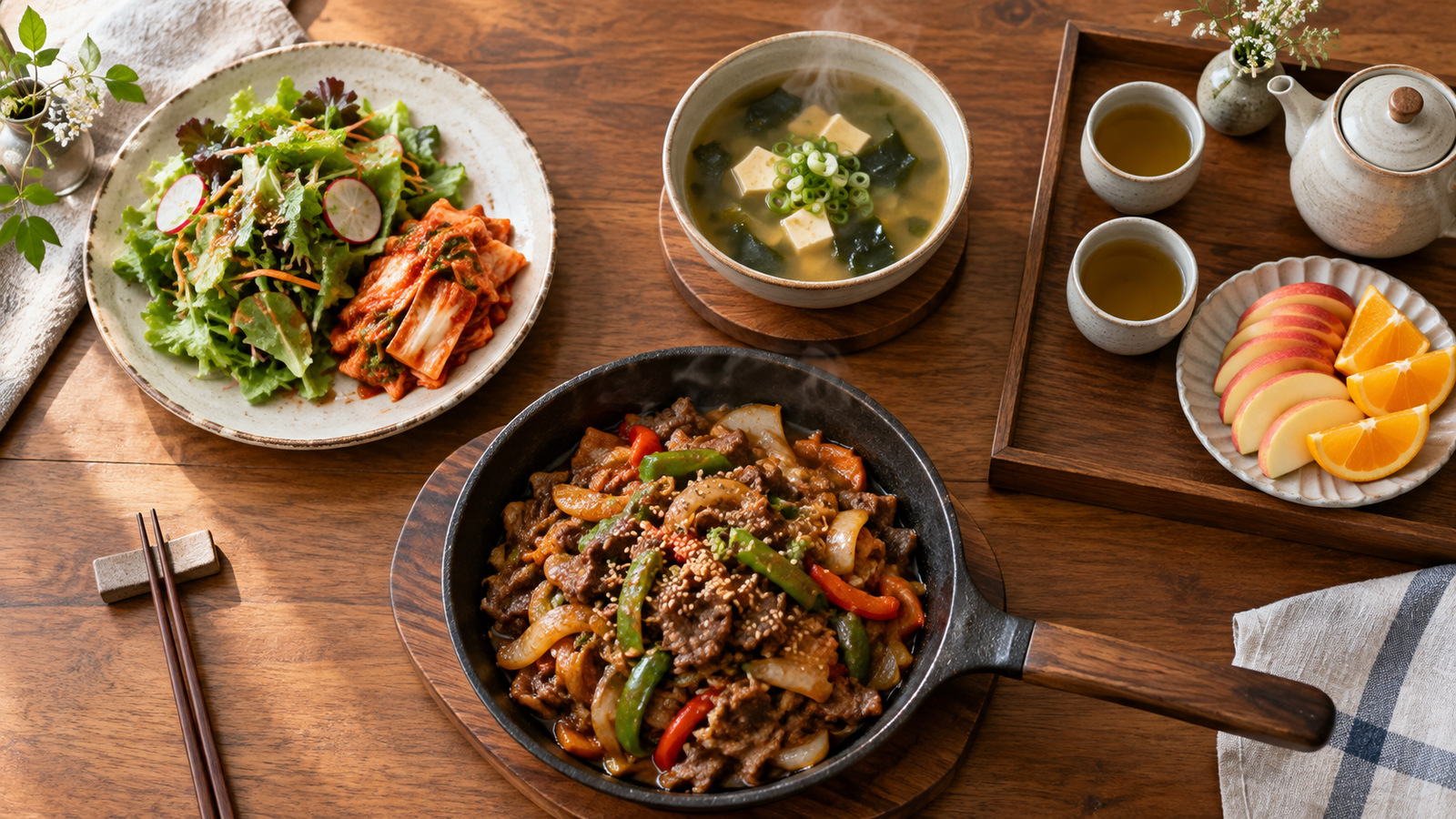 나무 식탁 위에 찬 음식, 데운 국, 팬에 볶은 메인 요리, 차와 과일이 네 구역으로 나뉘어 놓인 모습