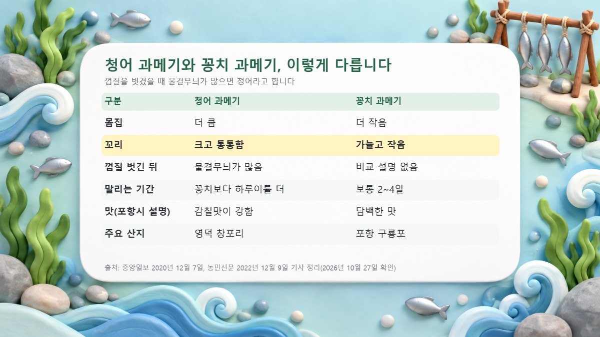 몸집, 꼬리, 껍질 벗긴 뒤 무늬, 말리는 기간, 맛, 주요 산지로 청어 과메기와 꽁치 과메기를 비교한 표