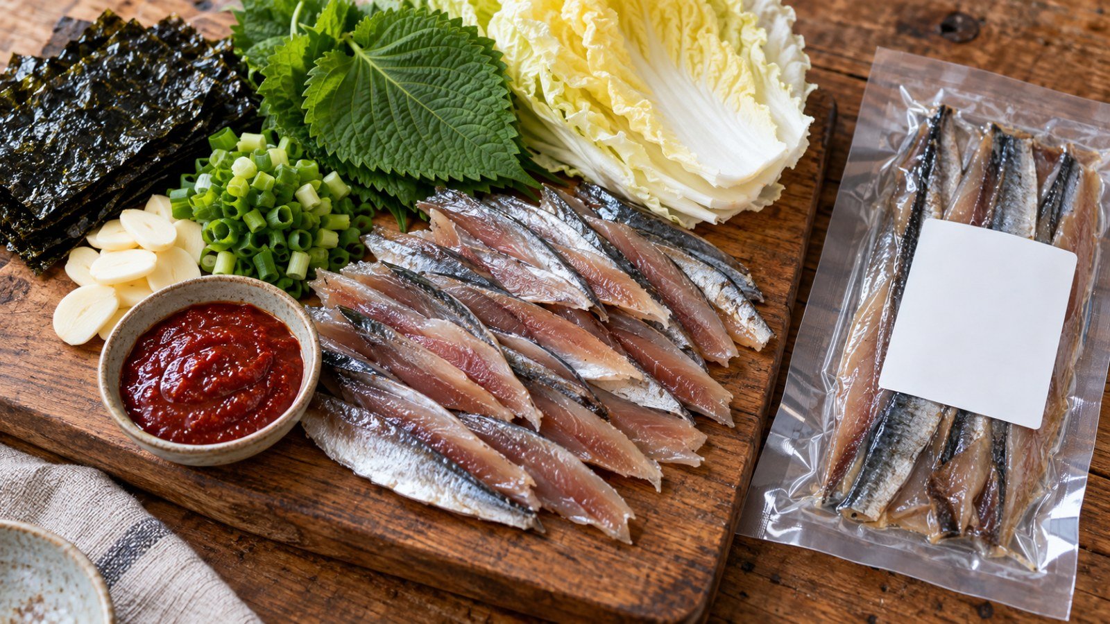 나무 도마 위에 썬 꽁치 과메기와 김, 깻잎, 배추, 마늘, 쪽파, 초고추장이 놓여 있고 옆에 밀봉 포장된 과메기가 있는 모습