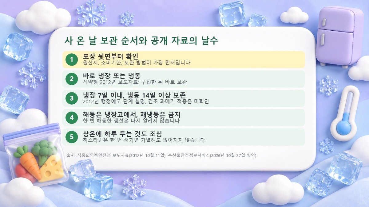 포장 뒷면 확인, 바로 냉장 또는 냉동, 냉장 7일 이내와 냉동 14일 이상, 냉장고 해동과 재냉동 금지, 상온 방치 주의 다섯 단계를 정리한 체크리스트