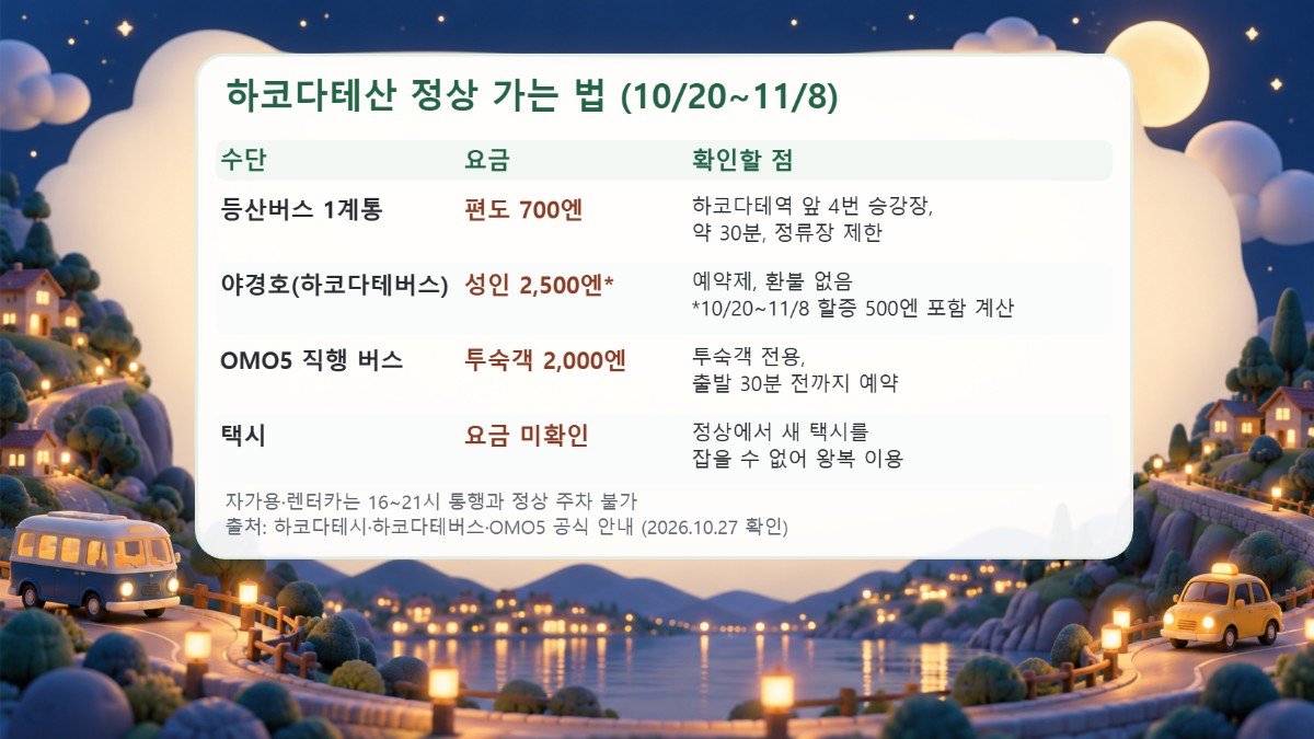 하코다테산 정상에 가는 등산버스, 야경호, OMO5 직행 버스, 택시의 요금과 확인할 점을 정리한 표