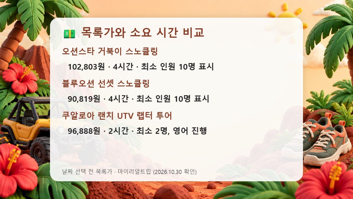 하와이 스노클링과 UTV 투어 목록가 비교 카드