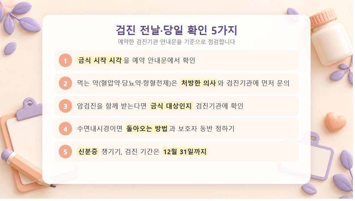 건강검진 전날과 당일 확인 5가지 금식 시작 시각, 먹는 약 문의, 암검진 금식 여부, 수면내시경 귀가 방법, 신분증과 검진 기간을 확인하는 5단계 점검표
