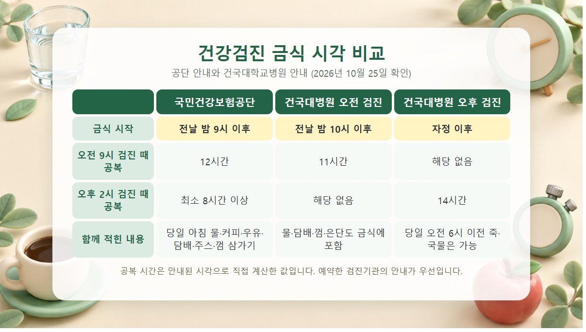 건강검진 금식 시각 비교표 국민건강보험공단과 건국대학교병원 오전·오후 검진의 금식 시작 시각과 공복 시간을 비교한 표