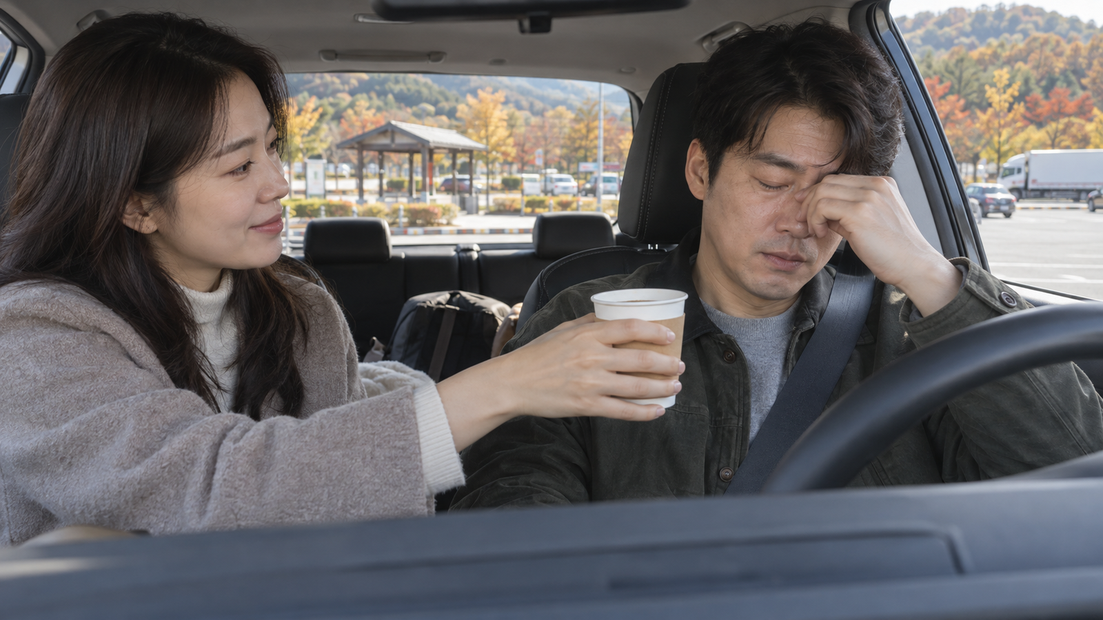 휴게소에 세워 둔 차 안에서 아내가 지친 남편에게 따뜻한 음료를 건네는 모습
