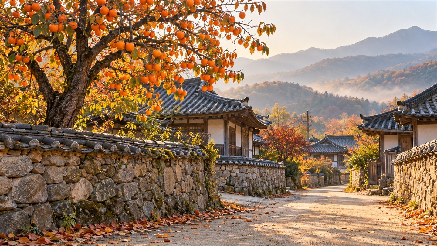 감나무에 주황색 감이 가득 열린 늦가을 시골 마을의 돌담길
