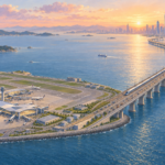 공항 도착 홀에서 기차, 버스, 택시 안내판을 올려다보는 여행자의 일러스트