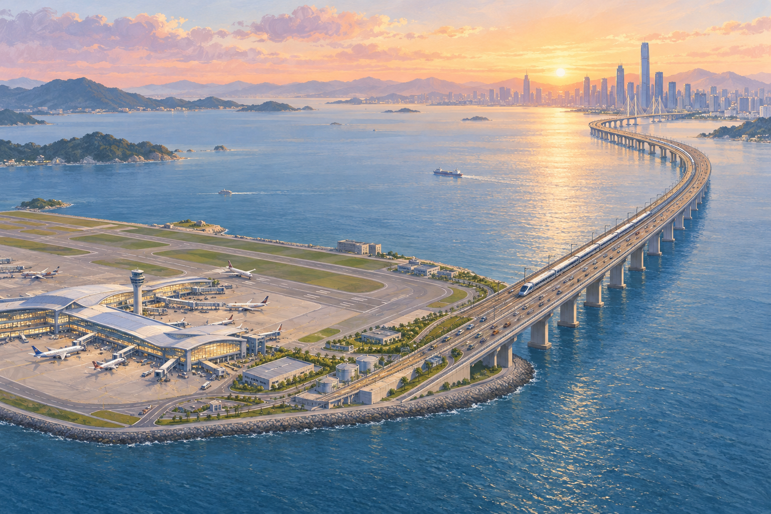 공항 도착 홀에서 기차, 버스, 택시 안내판을 올려다보는 여행자의 일러스트
