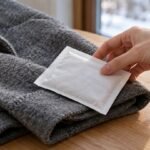 회색 모직 코트 위에 놓인 포장이 비어 있는 일회용 핫팩과 그것을 집으려는 손