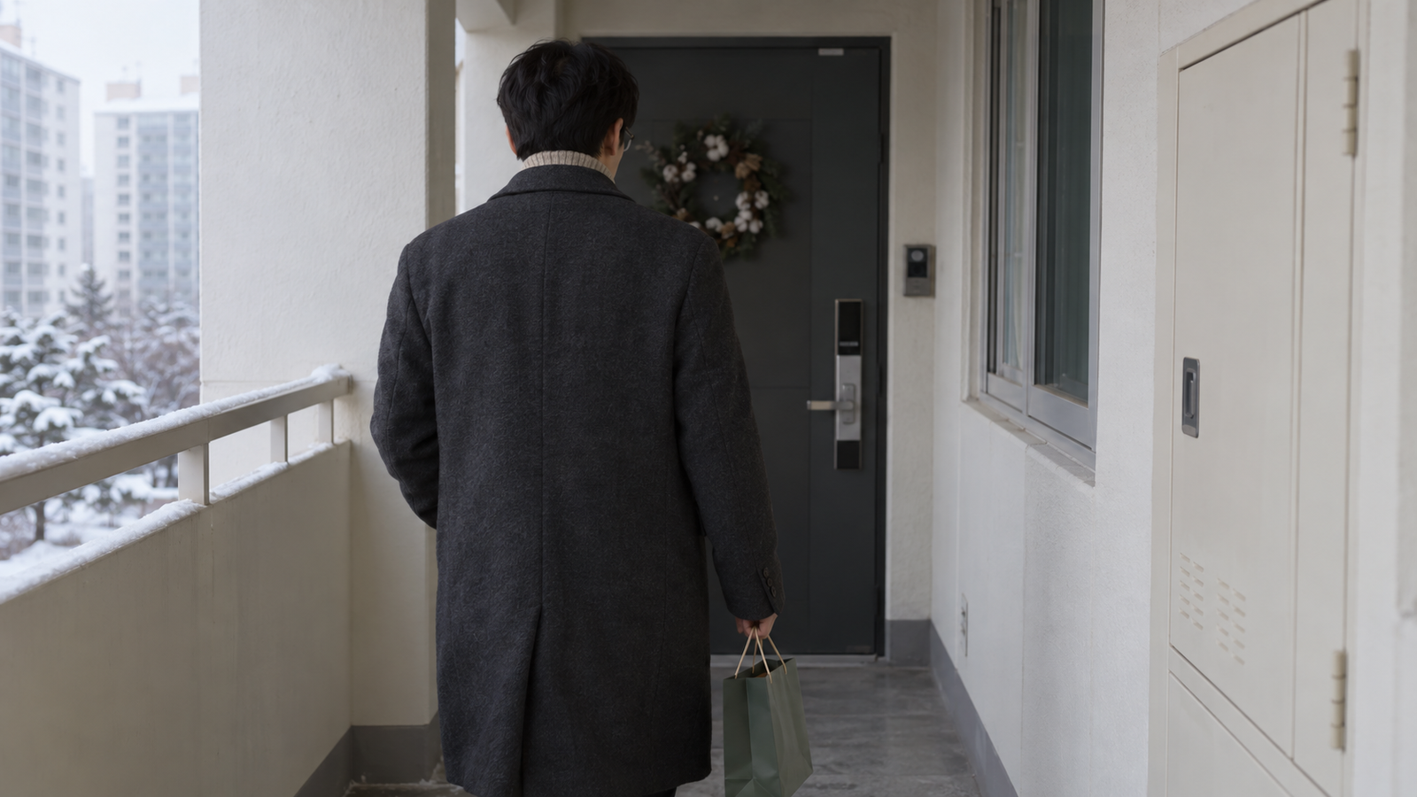 10월 눈 내린 아파트 복도에서 선물 가방을 들고 부모님 댁 현관으로 걸어가는 단정한 코트 차림의 뒷모습