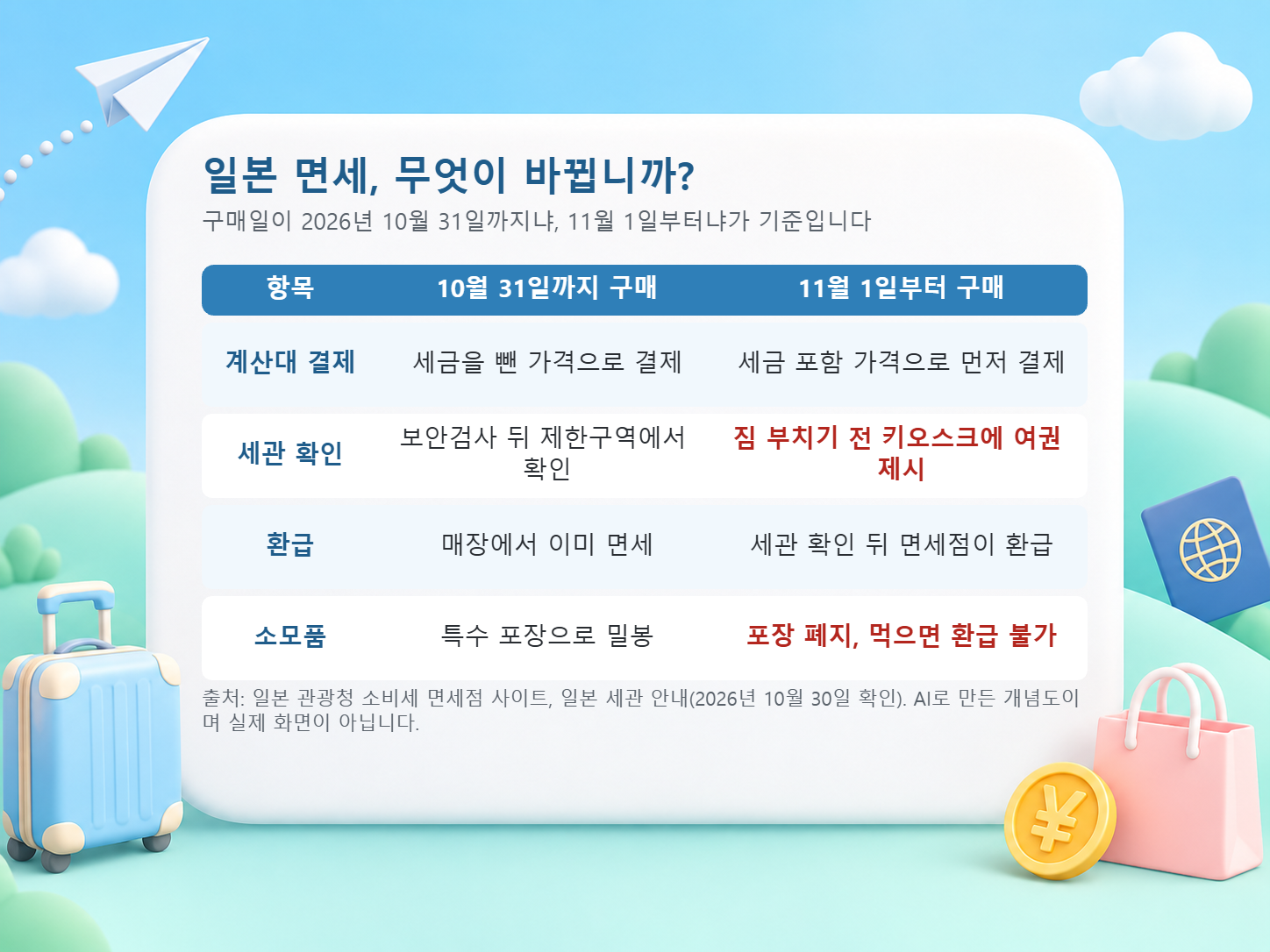 일본 면세 방식이 10월 31일까지 구매분과 11월 1일부터 구매분에서 어떻게 달라지는지 결제, 세관 확인, 환급, 소모품으로 비교한 표
