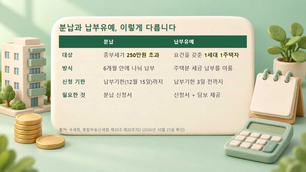 종부세 분납과 납부유예 비교표 분납과 납부유예의 대상, 방식, 신청 기한, 필요한 것을 비교한 표