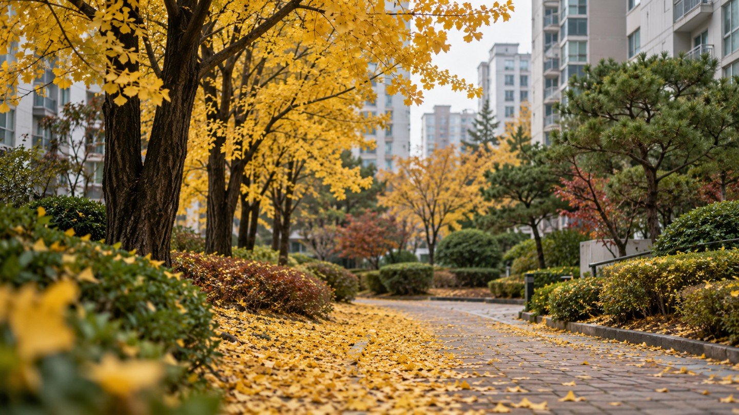 가을 단지 산책로에 노란 은행잎이 쌓인 아파트 풍경