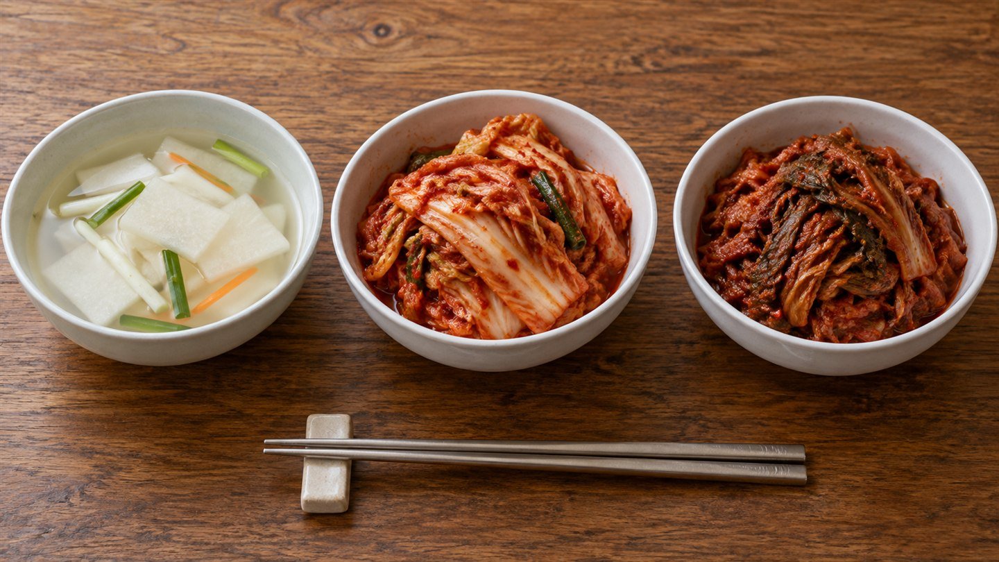물김치, 배추김치, 묵은지가 각각 흰 그릇에 담겨 나란히 놓인 식탁