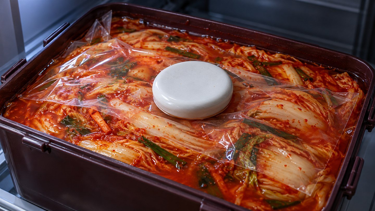 국물에 잠긴 배추김치 위에 위생 비닐과 흰 누름돌이 올려진 김치통