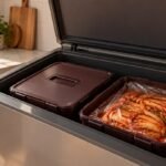 열린 김치냉장고 안 전용 김치통에 위생 비닐을 덮어 담은 배추김치