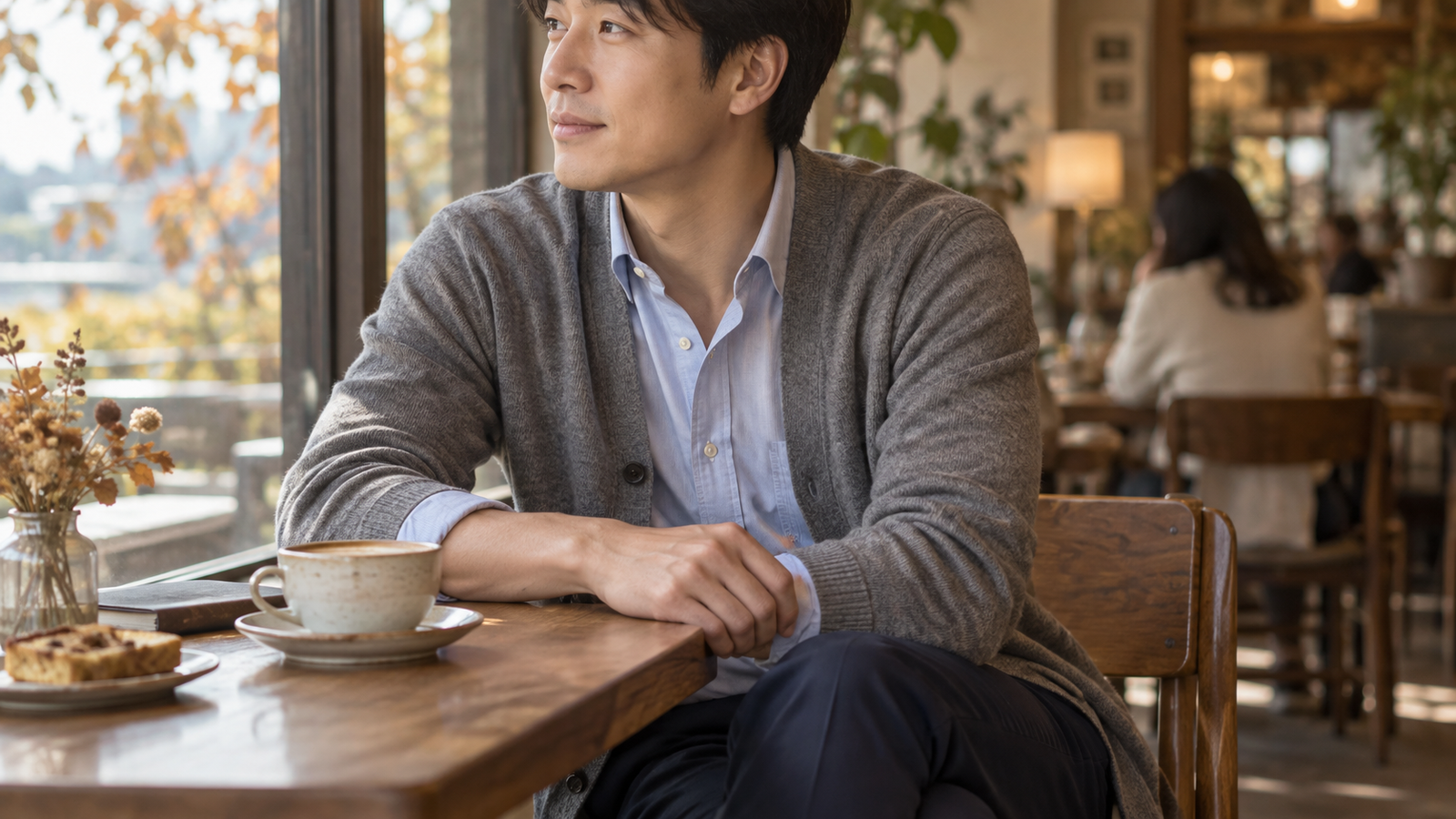 하늘색 셔츠 위에 회색 가디건을 입고 카페 테이블에 앉아 있는 성인의 소매 겹침 하늘색 셔츠 위에 회색 가디건을 입고 카페 테이블에 앉아 있는 성인의 소매 겹침