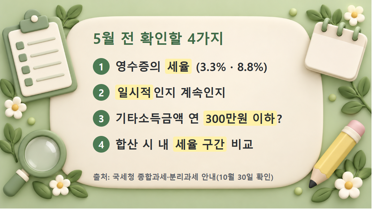 5월 전에 확인할 4가지 체크리스트 도식: 영수증의 세율, 일시적인지 계속인지, 기타소득금액 연 300만원 이하인지, 합산 시 내 세율 구간 비교