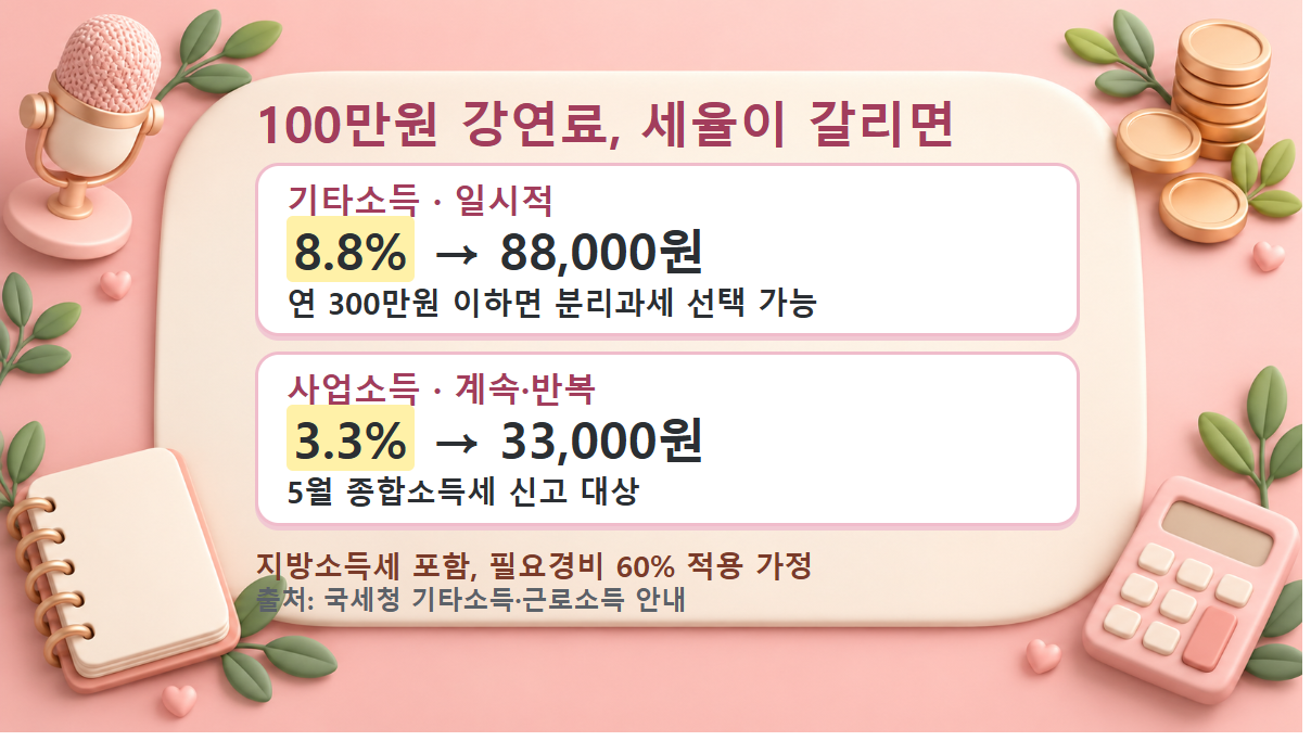 강연료 100만원 비교 도식: 기타소득은 8.8%로 88,000원이 원천징수되고 연 300만원 이하면 분리과세 선택 가능, 사업소득은 3.3%로 33,000원이 원천징수되고 5월 종합소득세 신고 대상