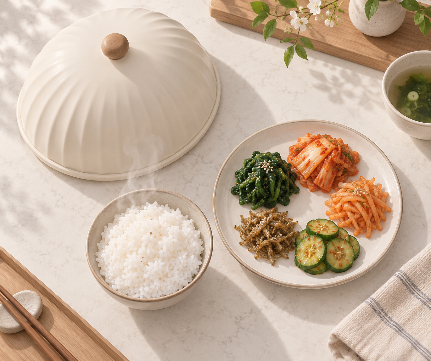 작은 크기부터 큰 크기까지 겹쳐 놓은 아이보리색 푸드커버 세 개와 접시, 그릇을 비교한 개념도