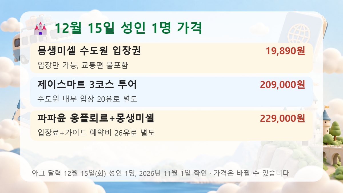 몽생미셸 입장권과 투어 2종의 12월 15일 성인 1명 가격 비교 카드