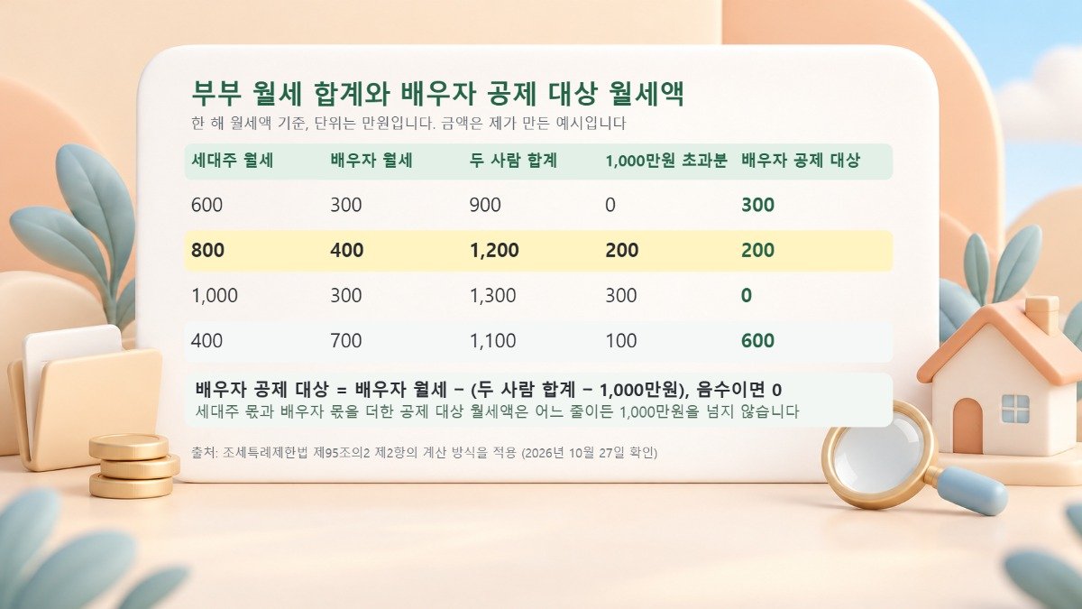 세대주와 배우자의 한 해 월세 합계가 1,000만원을 넘을 때 배우자의 공제 대상 월세액이 줄어드는 정도를 네 가지 예시로 계산한 표