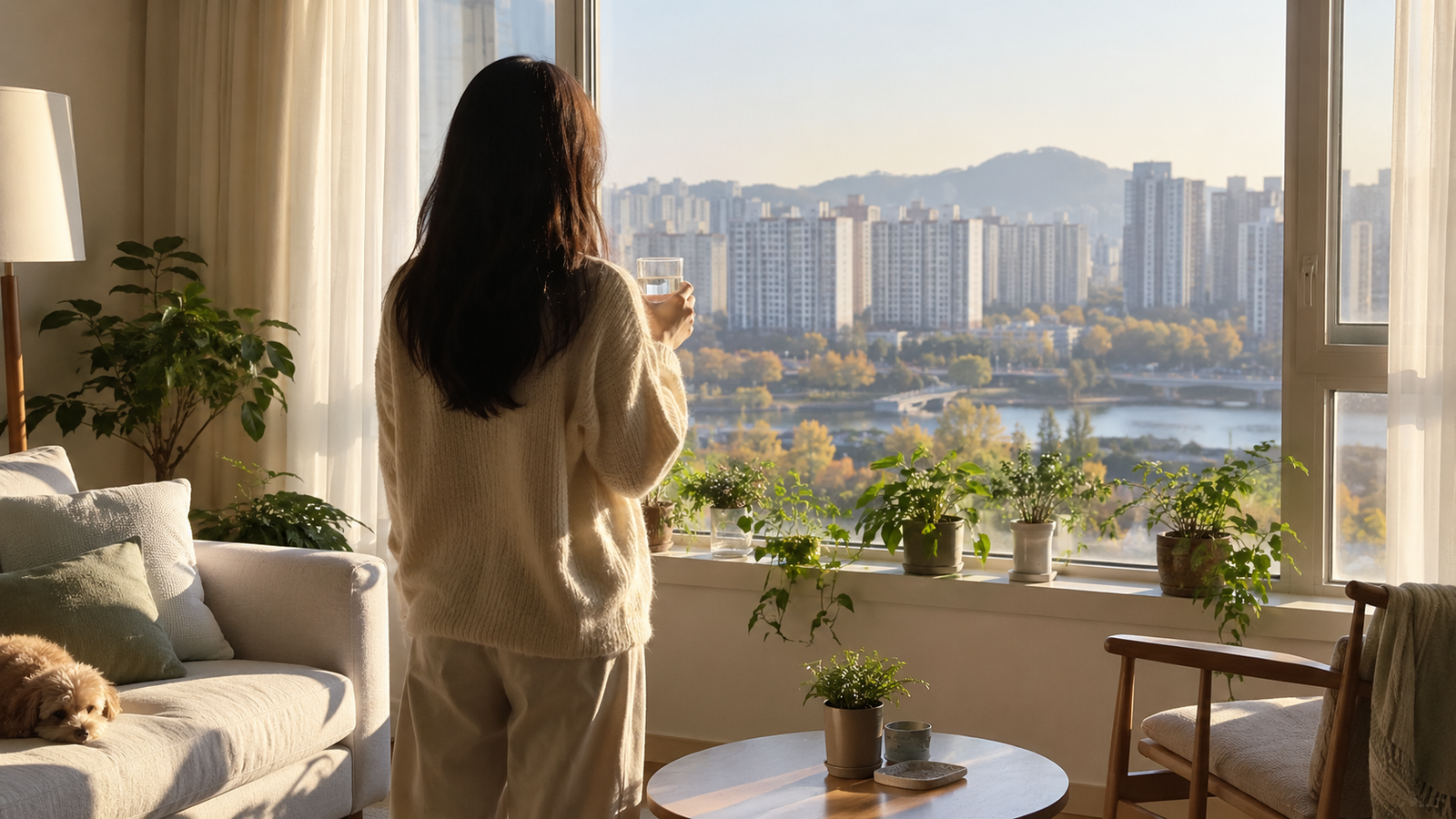 열린 커튼 앞에서 물 한 잔을 들고 서 있는 사람의 뒷모습과 아침 햇살이 드는 거실