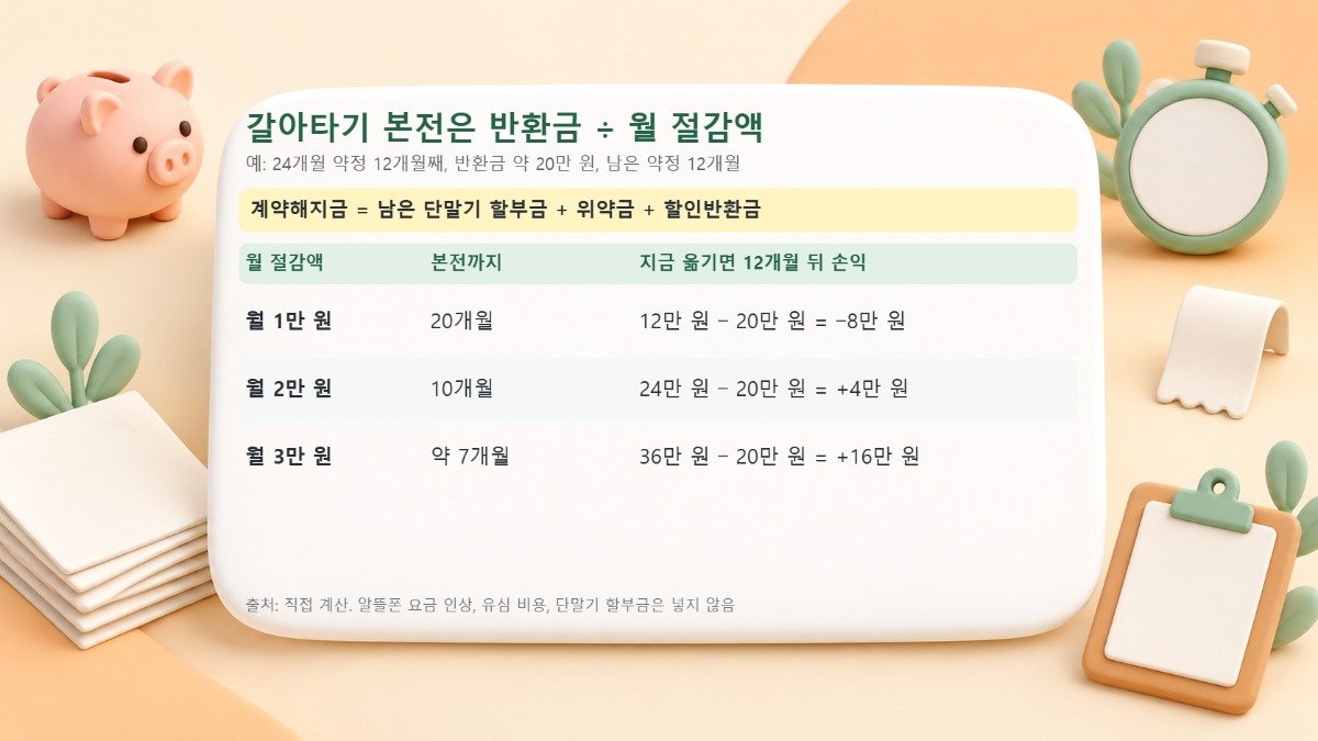 계약해지금 산식과 반환금 약 20만 원을 월 절감액 1만 원, 2만 원, 3만 원으로 나눈 본전 개월 수와 12개월 뒤 손익을 정리한 표