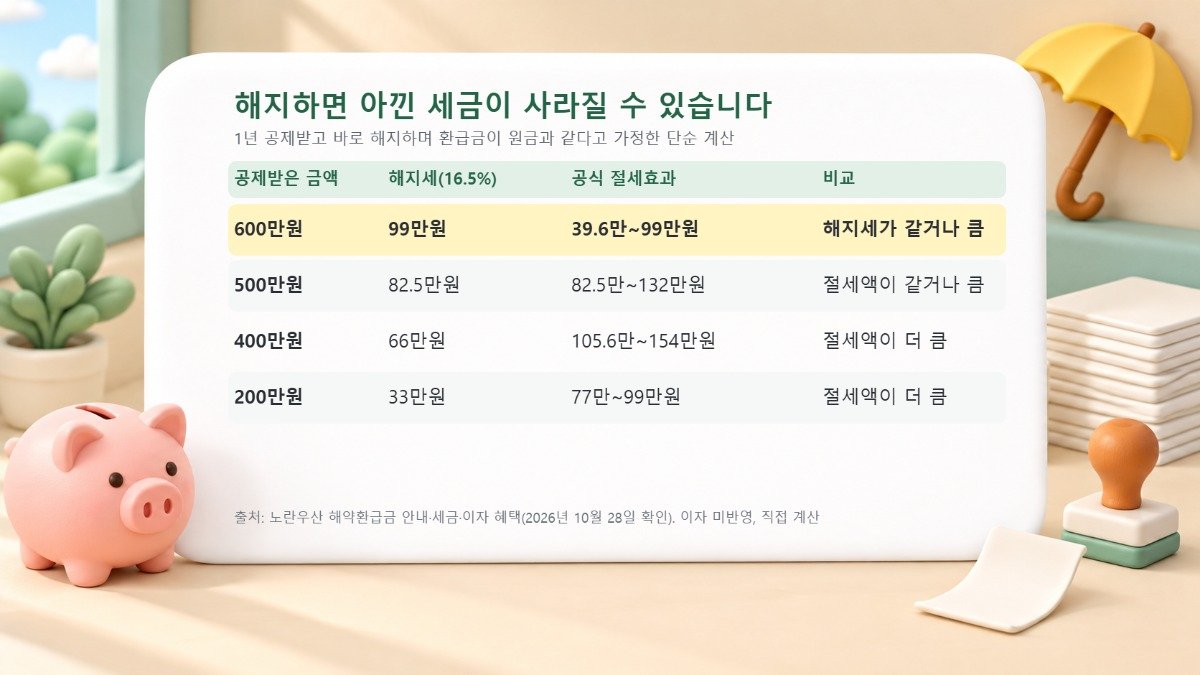 공제받은 금액 600만원, 500만원, 400만원, 200만원별 해지 때 기타소득세 16.5% 금액과 공식 절세효과 범위를 비교한 표