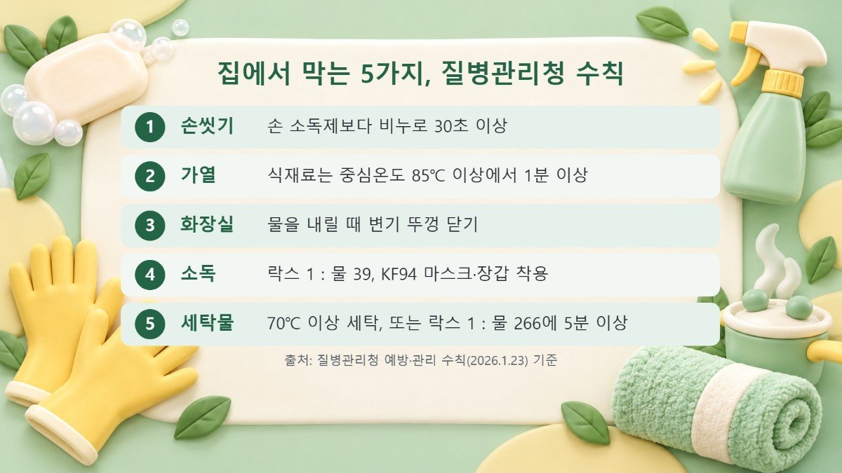 노로바이러스 예방 관리 5가지 체크리스트, 비누 손씻기 30초, 85도 1분 가열, 변기 뚜껑 닫기, 락스 1대39 소독, 70도 세탁