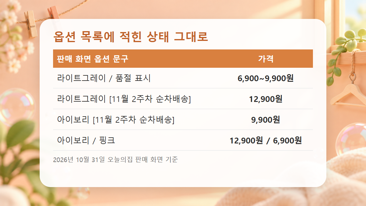 규조토 발매트 판매 화면 옵션 목록에 적힌 품절과 순차배송 문구를 옮긴 표