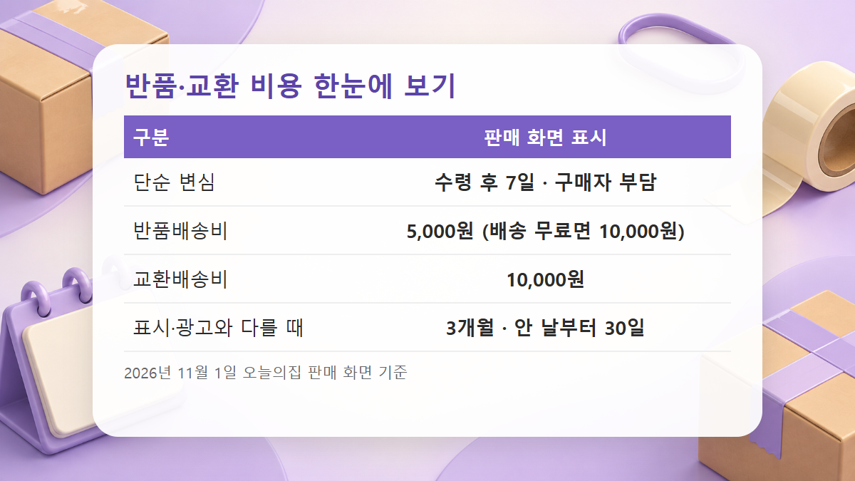 미니 빨래건조대 반품과 교환 비용을 정리한 도표