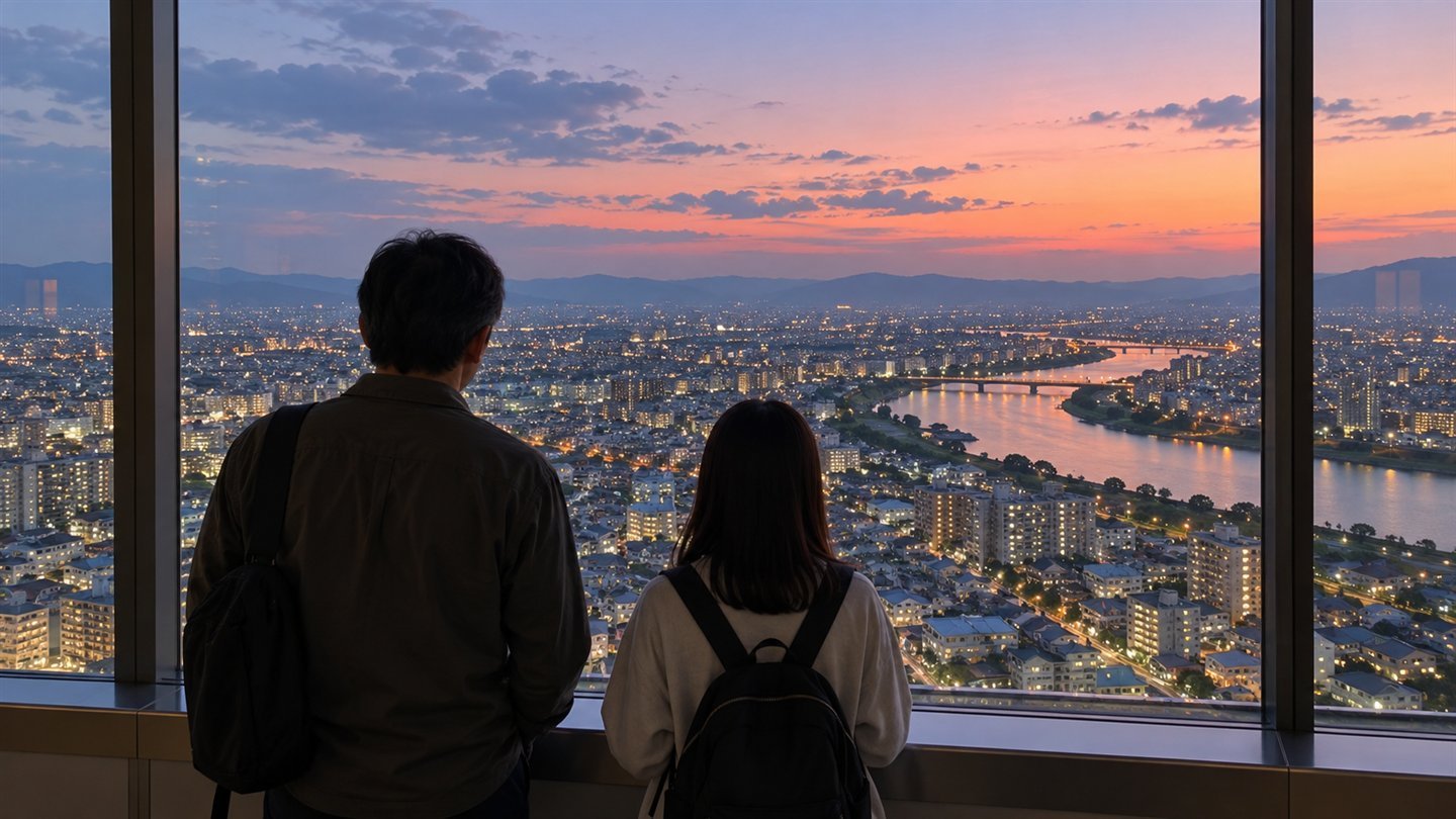 전망대 유리창 앞에서 노을 지는 도시와 강을 내려다보는 어른과 아이의 뒷모습