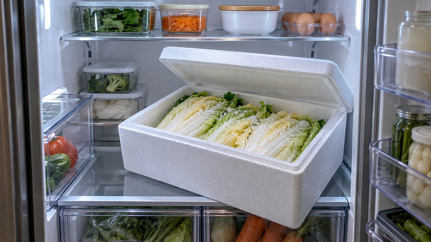 냉장고 아래 칸 선반에 뚜껑을 열어 둔 흰 스티로폼 상자 안에 절인 배추가 담겨 있는 모습
