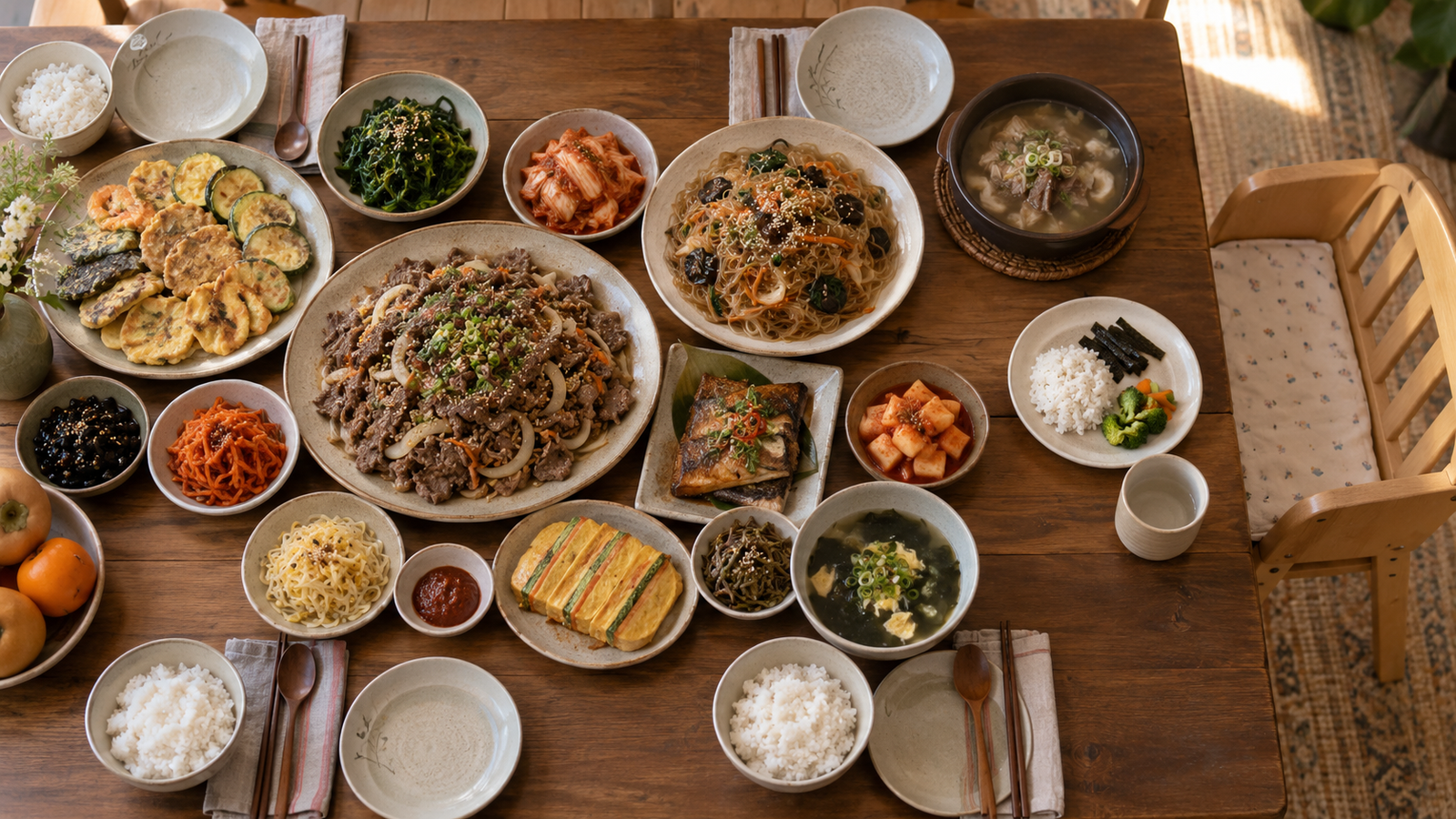 어른 명절 음식이 가득한 식탁 위, 빈 아이 의자 앞에 흰밥·김·채소 약간을 담은 작은 접시가 놓인 모습