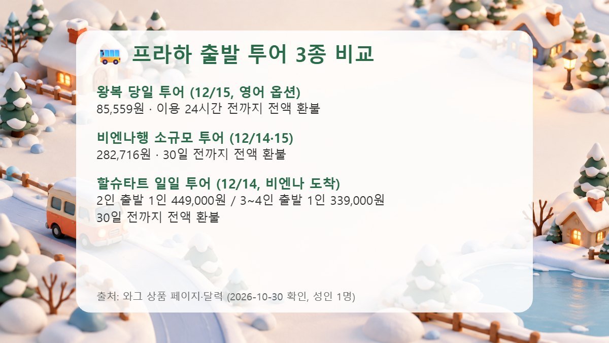 프라하 출발 체스키 크룸로프 투어 3종 가격과 취소 규정을 비교한 카드