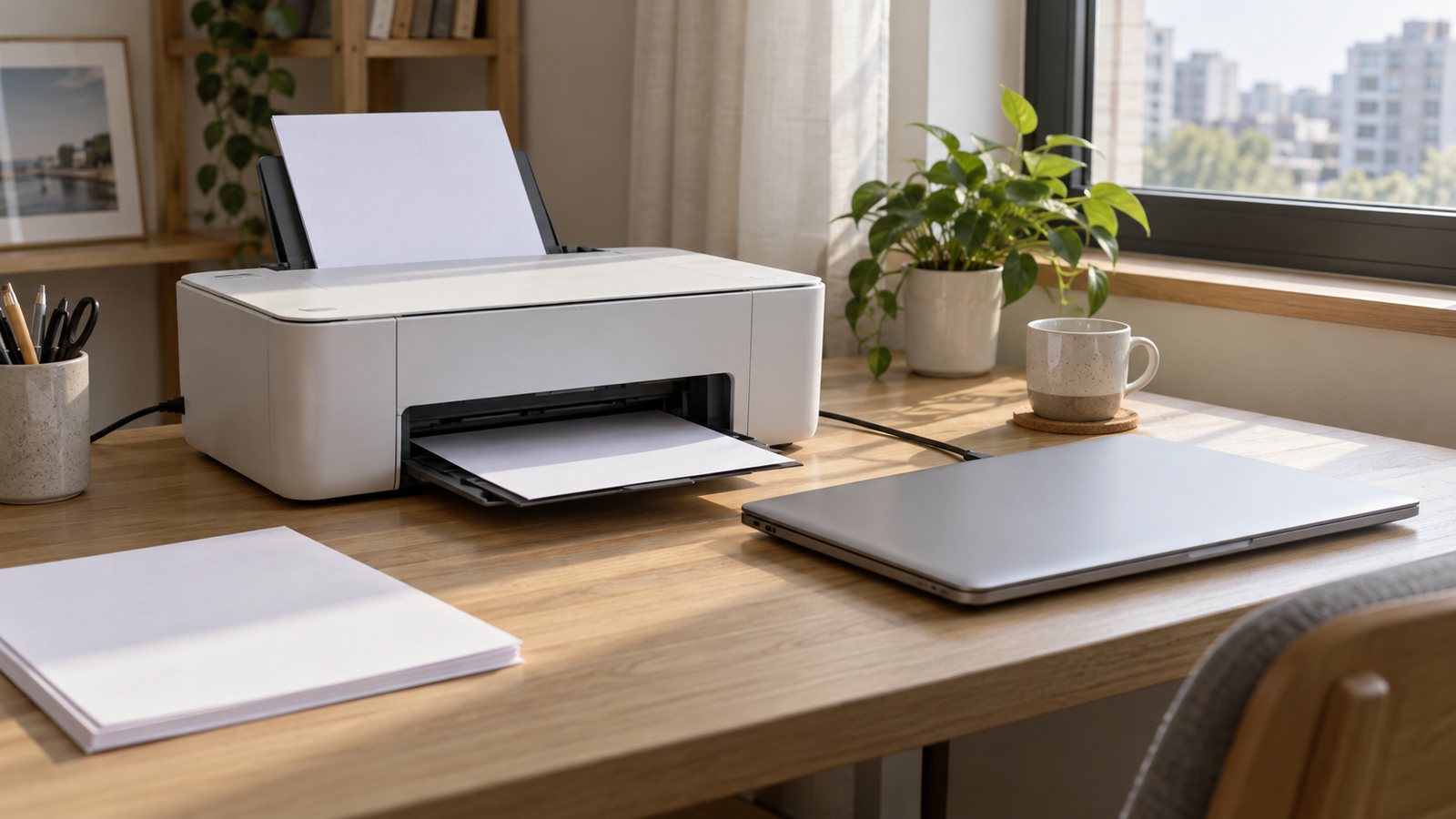 프린터 오프라인 연결 점검을 설명하는 책상 위 프린터와 노트북