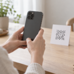 흰 여백이 있는 종이 QR 표본을 스마트폰으로 비추는 설명 장면