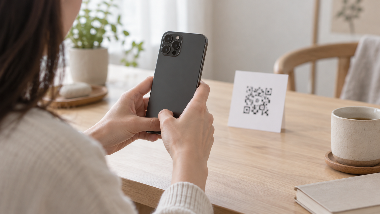 흰 여백이 있는 종이 QR 표본을 스마트폰으로 비추는 설명 장면