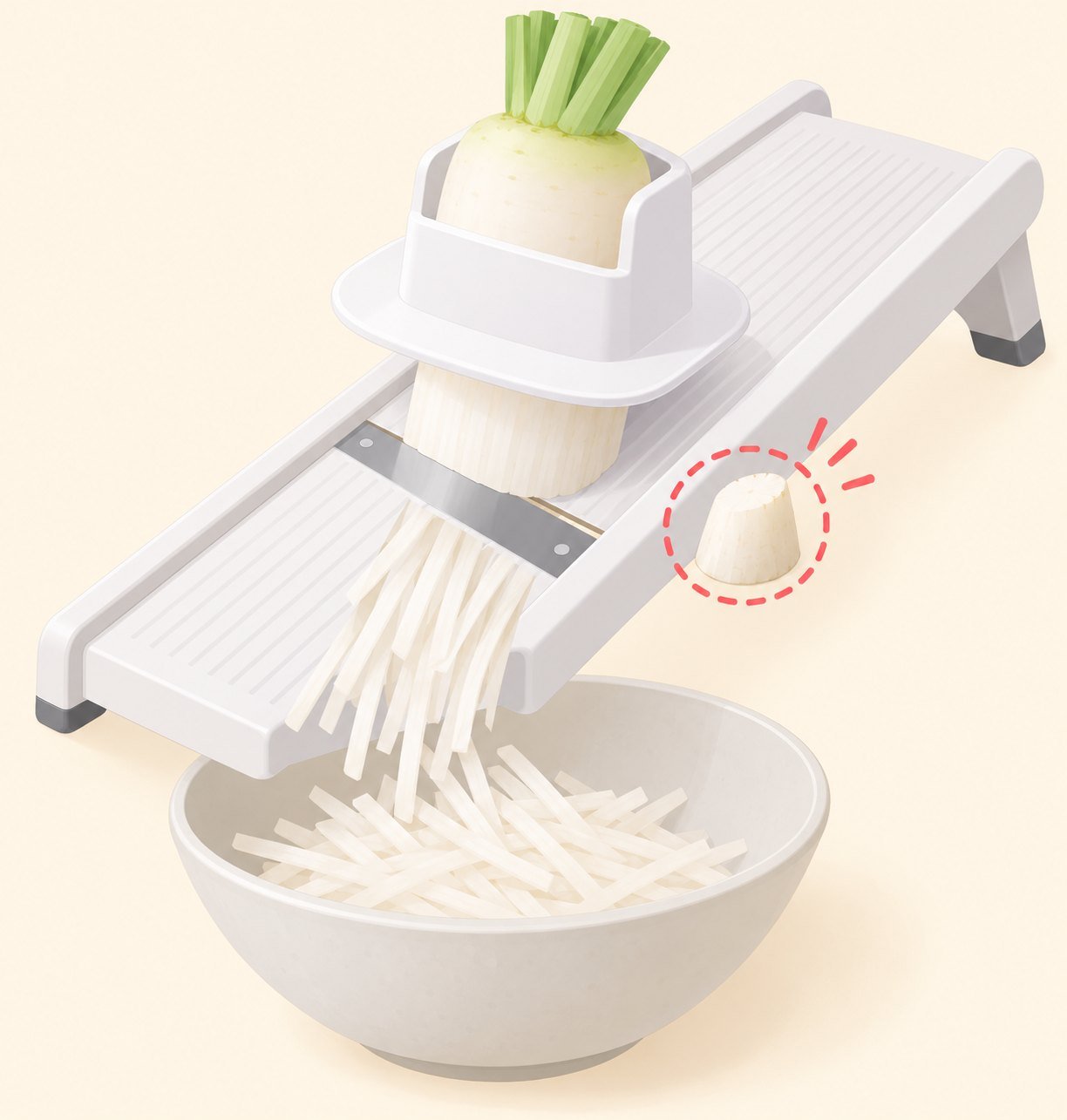 개념도: 흰 채칼 판 위에서 손잡이 홀더에 잡힌 무가 내려가며 채가 그릇에 떨어지고, 옆에 칼날 근처에 남은 작은 무 토막이 붉은 점선으로 표시된 그림
