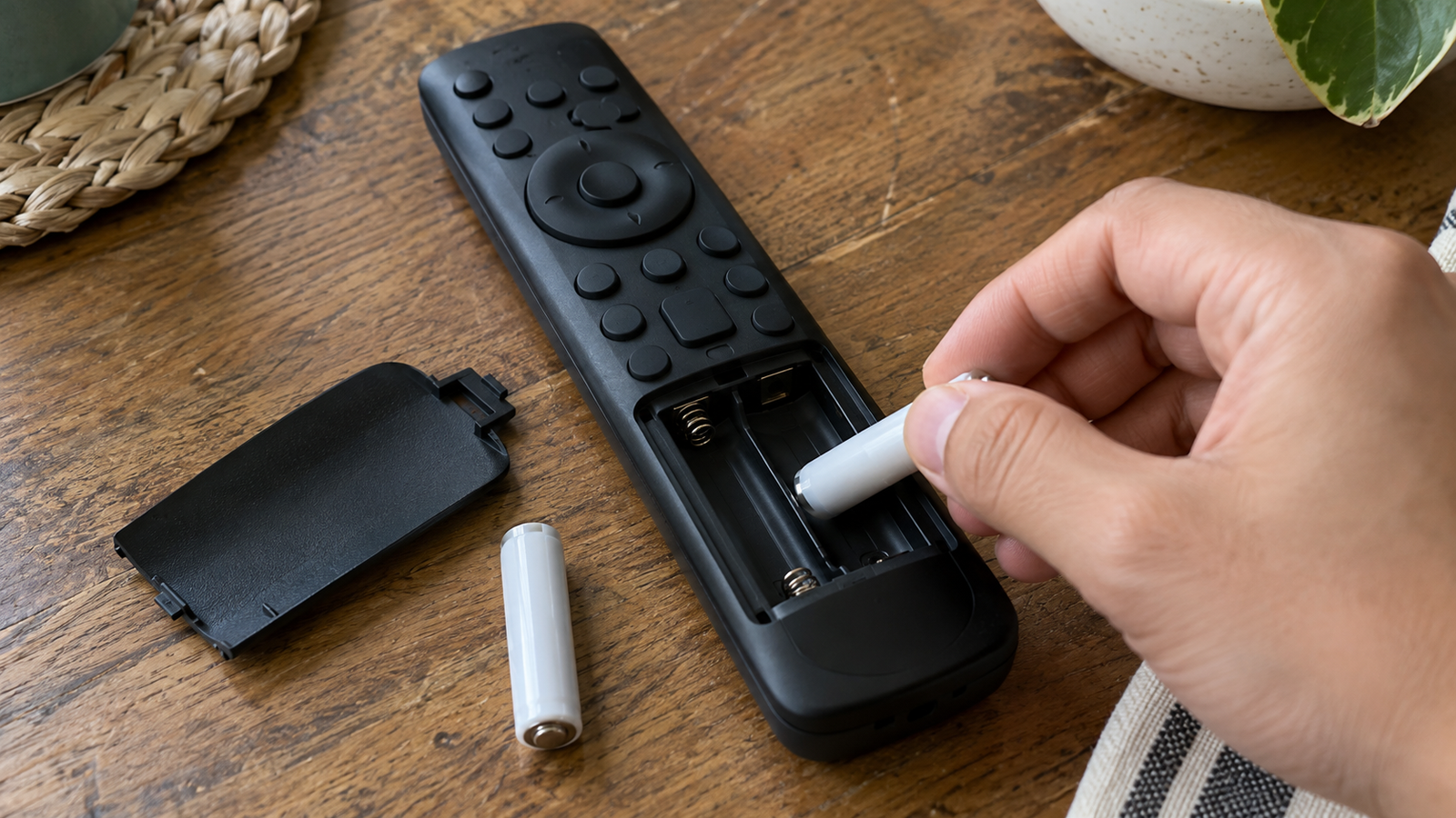 뒤판을 연 TV 리모컨의 건전지 칸에 새 건전지를 넣으려는 손