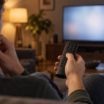 소파에 앉아 TV 리모컨 버튼을 누르며 고개를 갸웃하는 사람의 뒷모습