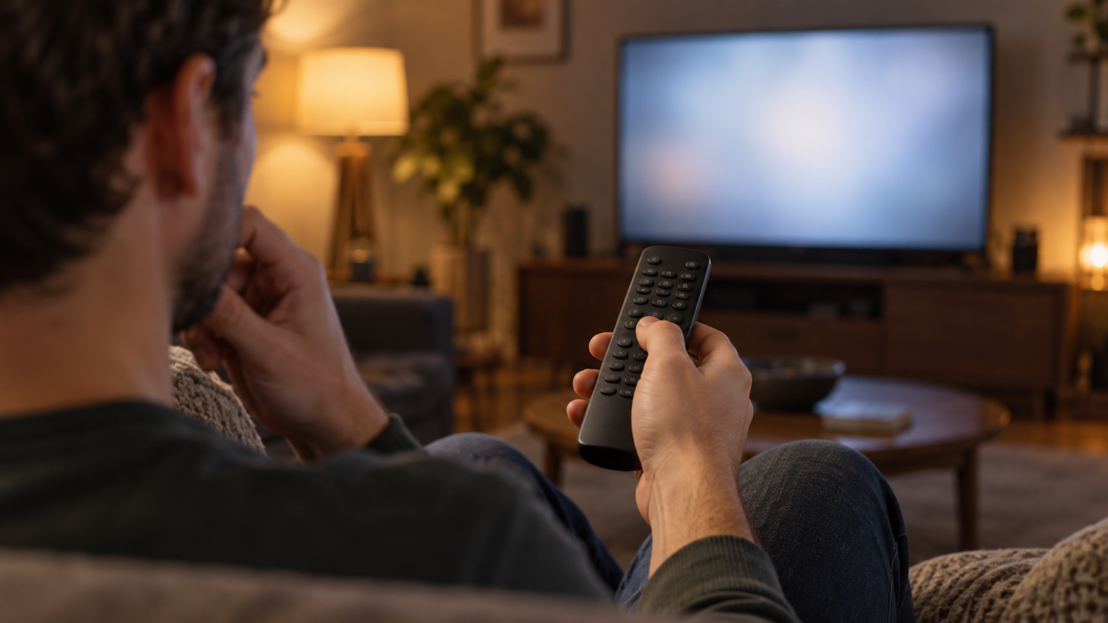 소파에 앉아 TV 리모컨 버튼을 누르며 고개를 갸웃하는 사람의 뒷모습