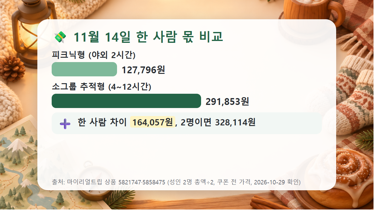 로바니에미 오로라 투어 두 상품의 11월 14일 한 사람 몫 가격을 막대로 비교한 도표