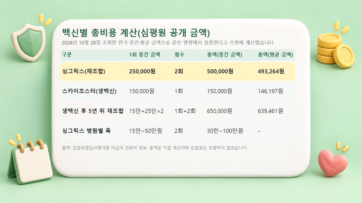 대상포진 백신별 총비용 계산표 싱그릭스 1회 중간 금액 25만원 2회 총액 50만원, 스카이조스터 1회 15만원, 생백신 후 5년 뒤 재조합 접종 65만원, 싱그릭스 병원별 금액 폭을 정리한 표