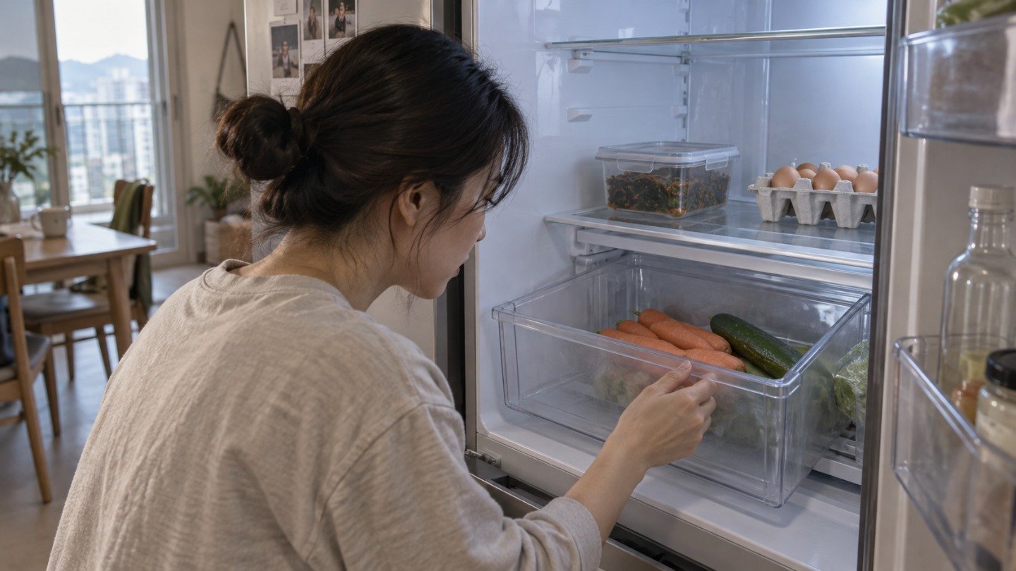 냉장실 서랍에서 남은 식재료 확인 냉장고 채소 서랍을 열어 남은 당근과 오이를 확인하는 모습