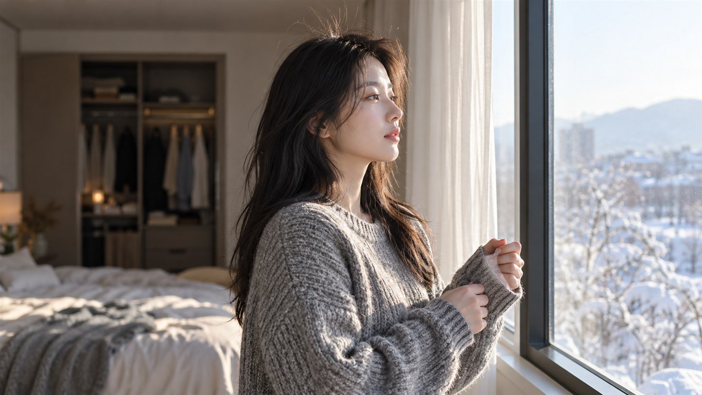 니트 소재와 머리카락 정전기 회색 울 니트 스웨터를 입은 여성의 머리카락이 정전기로 살짝 떠 있는 겨울 아침 창가